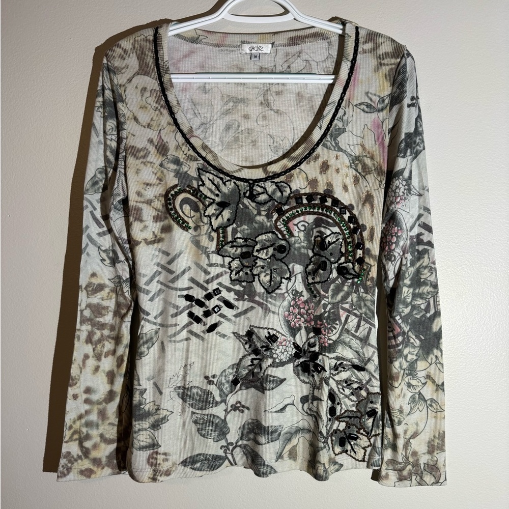 Cache Long Sleeve Shirt Medium Top Floral Beaded